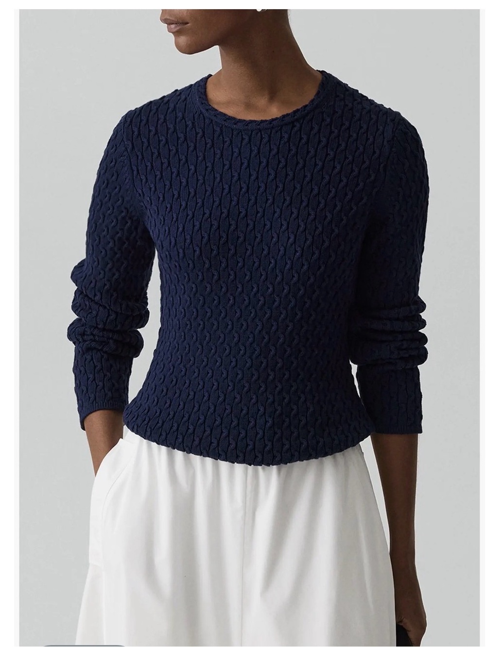 Theory L cable stitch 100% organic cotton blue quiet luxury nautical sweater